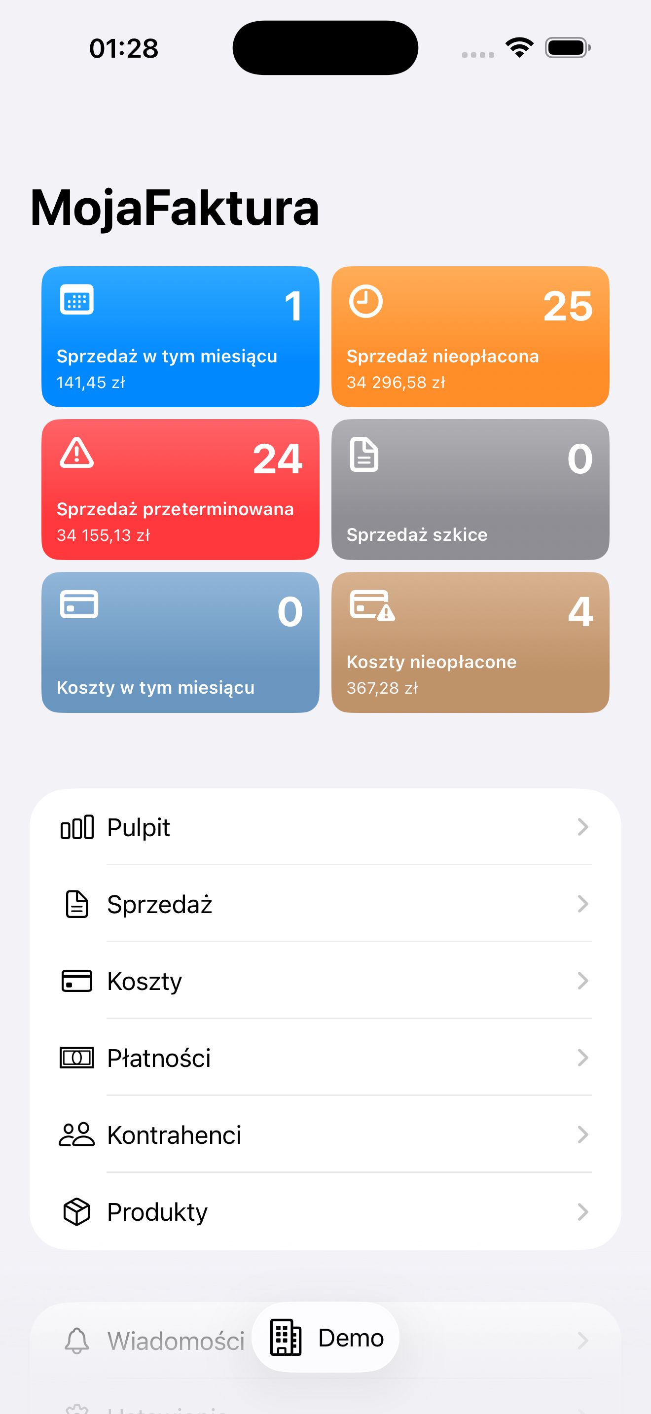 Ekran główny MojaFaktura na iPhone